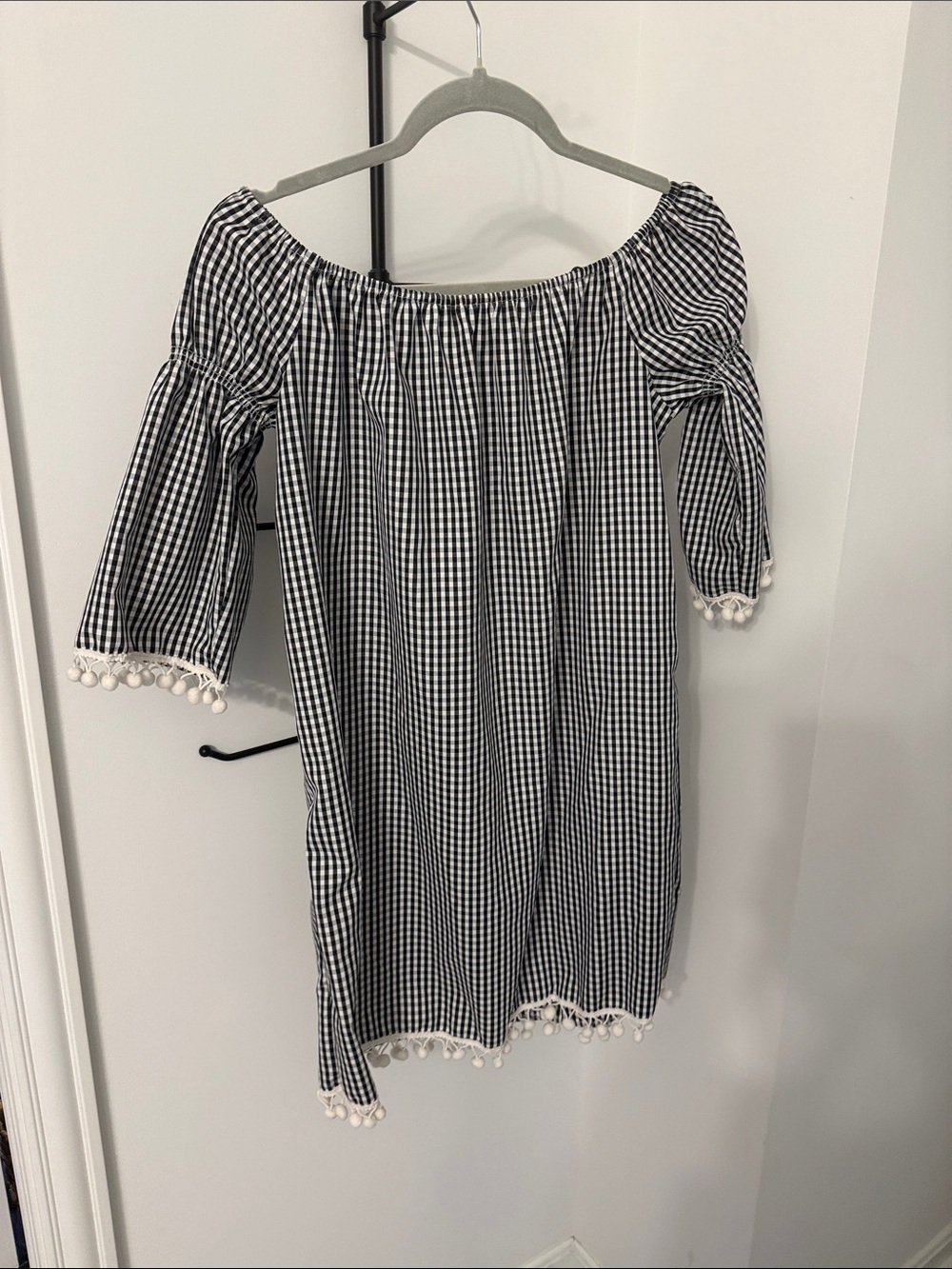 Rebellion Black and White Gingham Off-Shoulder Mini Dress with Pom Trim